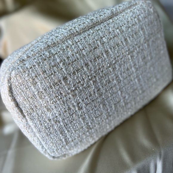 Large Tweed Bride Cosmetic Bag w/ Pearl & Rhinestone Personalized Letter Patches - Picture 8 of 10